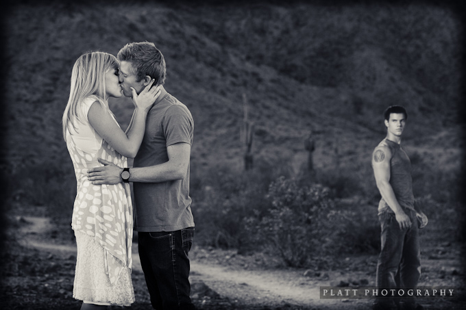 Phoenix-Engagement-Portraits-15 Engagement Portrait in Phoenix Arizona in the Desert with a cut-out of Jacob from the Twilight Movies