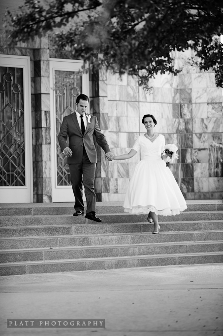 Bride and groom at the LDS Temple in Dallas Texas
